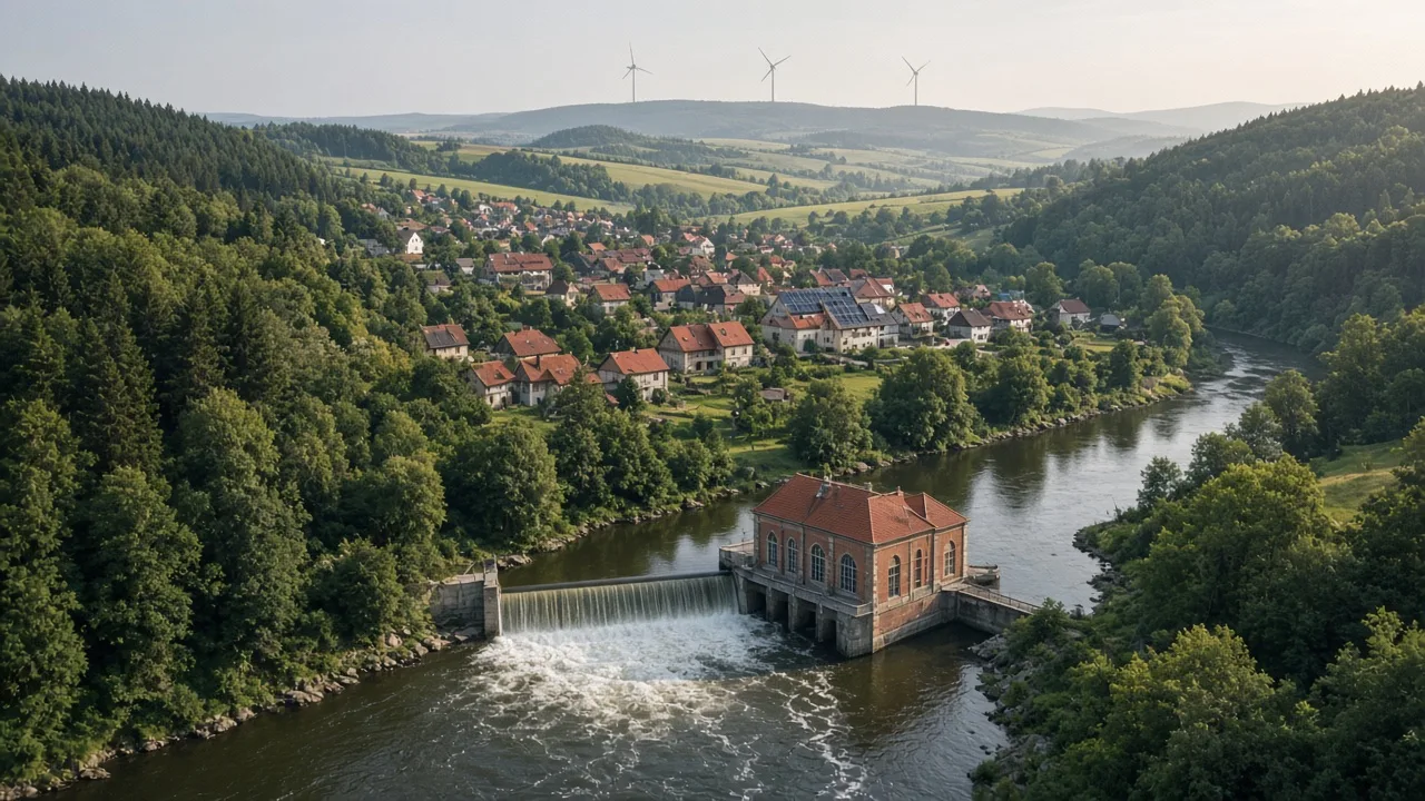 Údolí s vodní elektrárnou, obcí a obnovitelnými zdroji